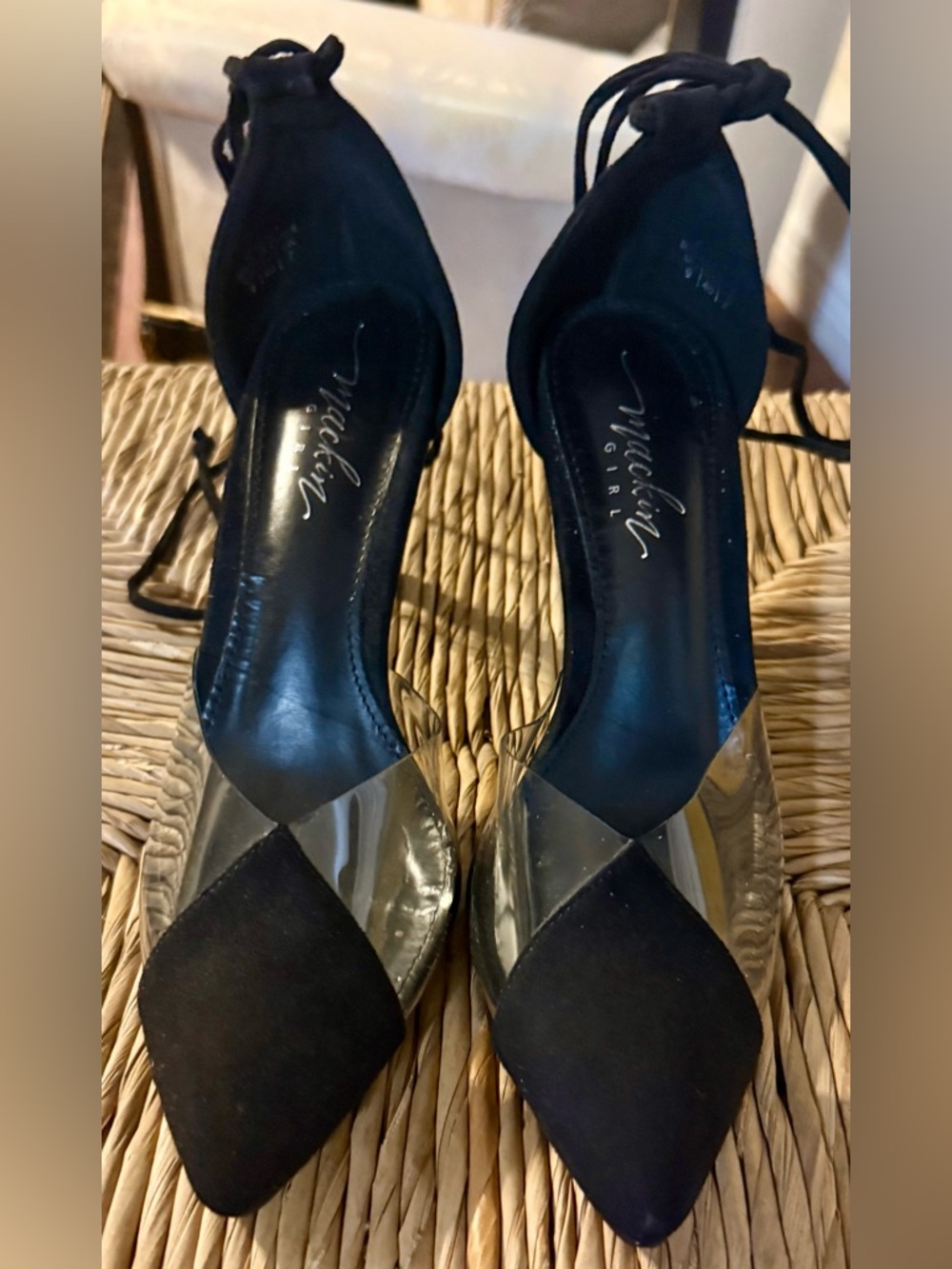 Pre-Loved Madden Girl Black Pointed Toe Clear-Panel Ankle Tie Heels